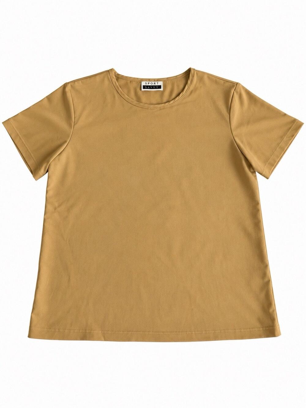 Sport Savvy Women’s Large Tan Gold Satin Short Sleeve Blouse Top